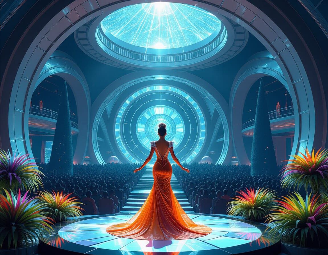 Futuristic Showgirl in Alien Exhibition Hall