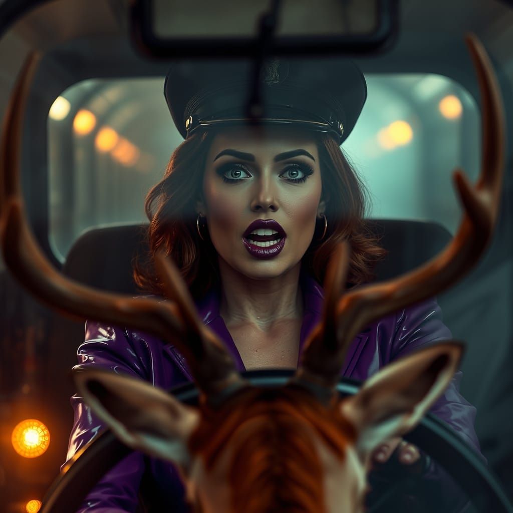 Hyperrealistic Pin-up Train Driver in 1970s Crime Film Style