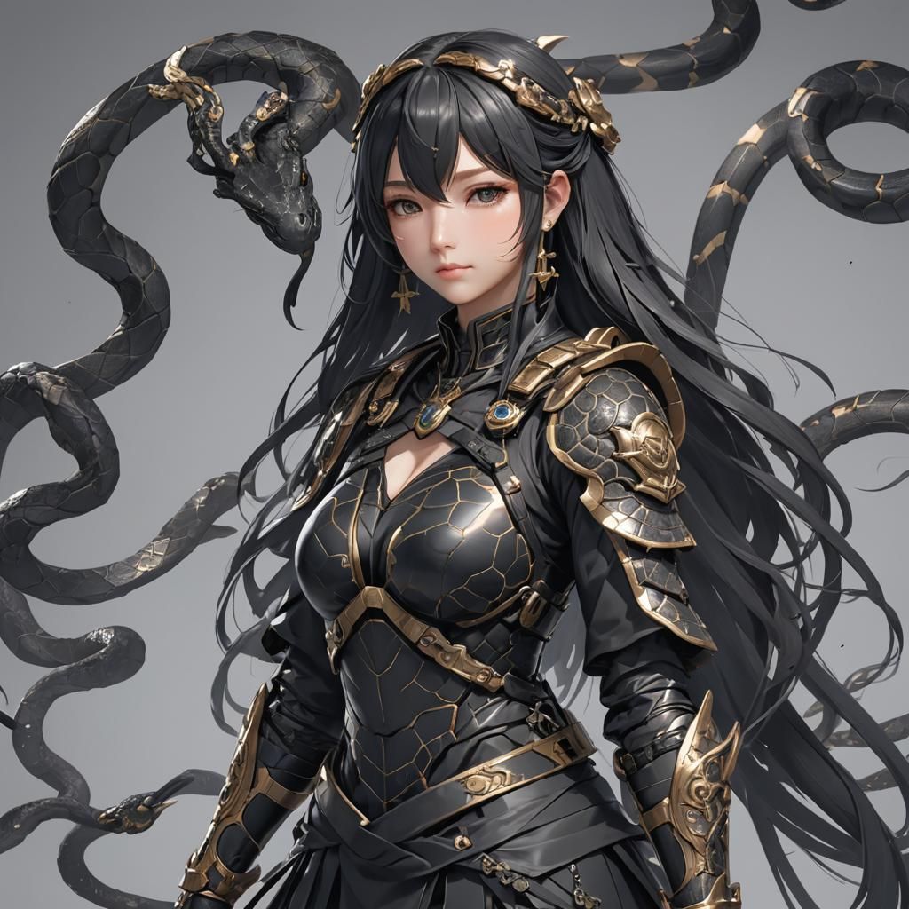 Black Tortoise Snake Hybrid Waifu in Anime Style