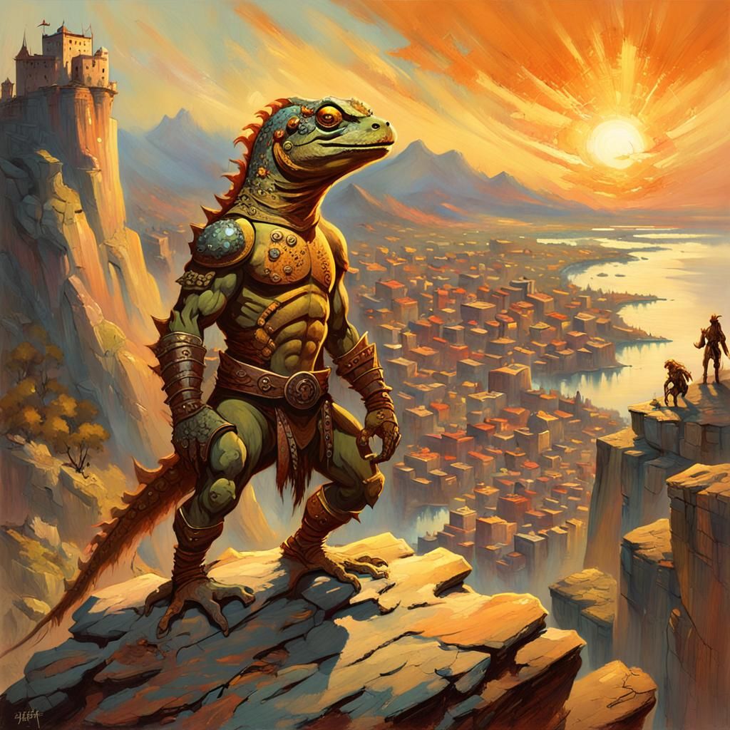 Barbarian Gecko Overlooking Town in Frank Frazetta Style