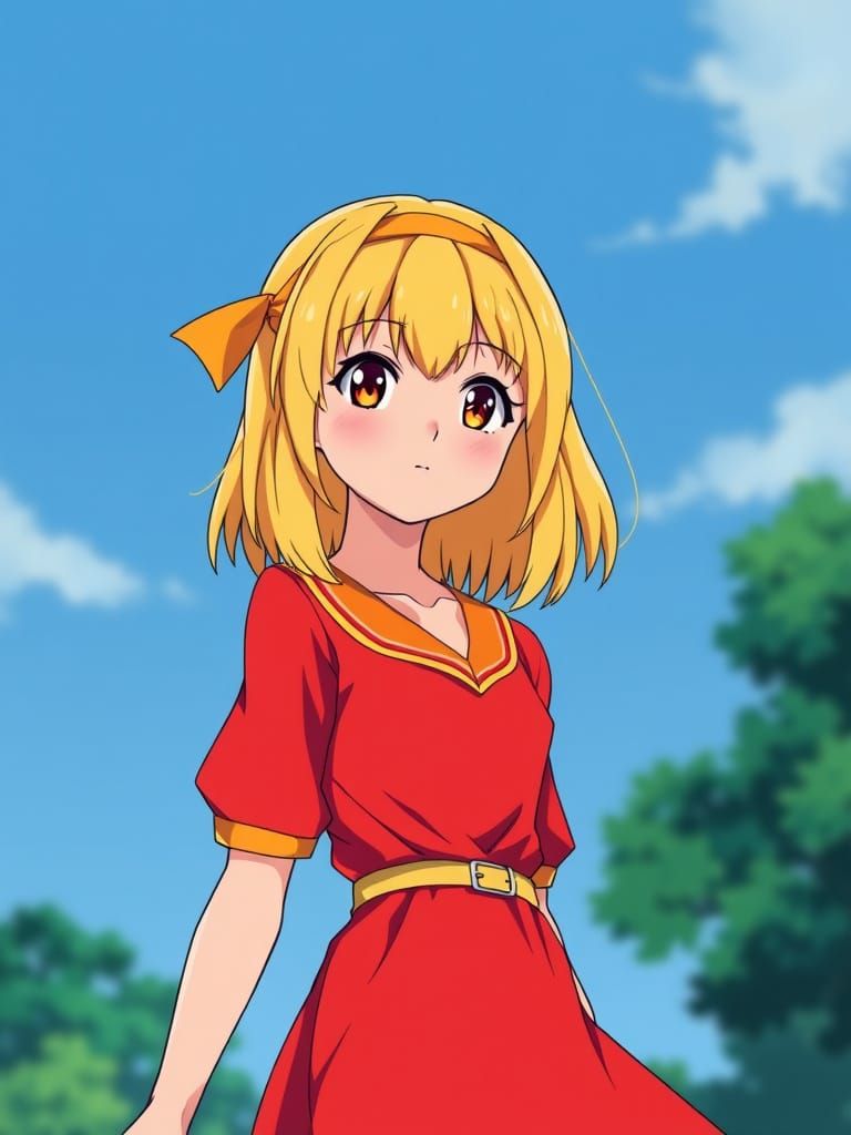 Anime Girl in Red Dress with Yellow Accents