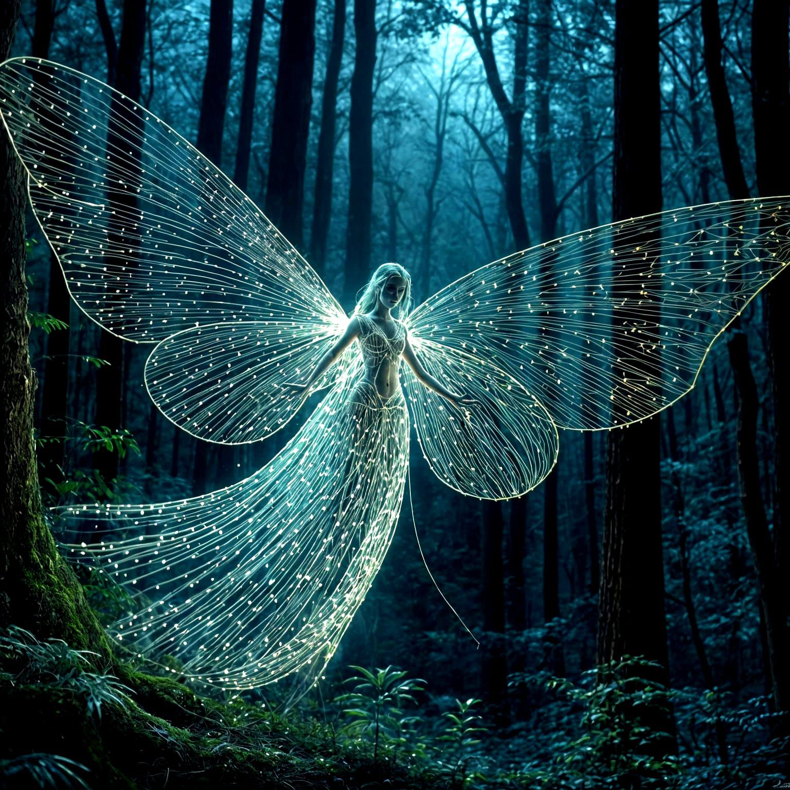 Glowing Ghost Fairy in Eerie Forest, String Art