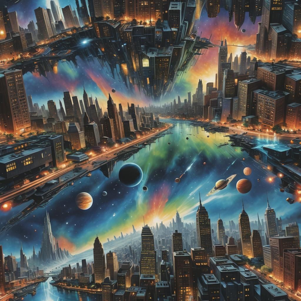 Surreal Interstellar Cityscape Reflecting in Water