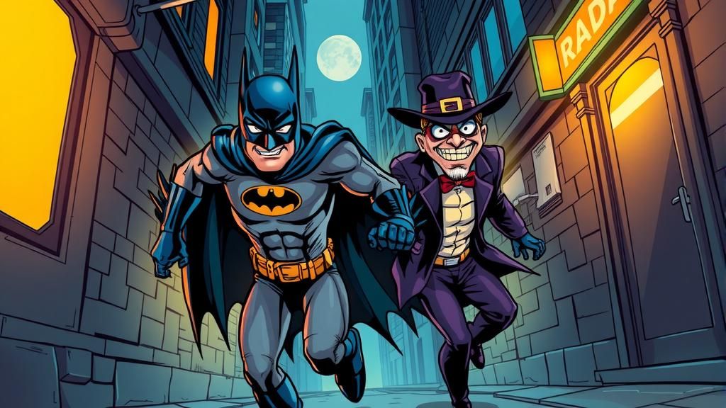 Batman Chases Riddler: Comic Book Style Gotham Scene