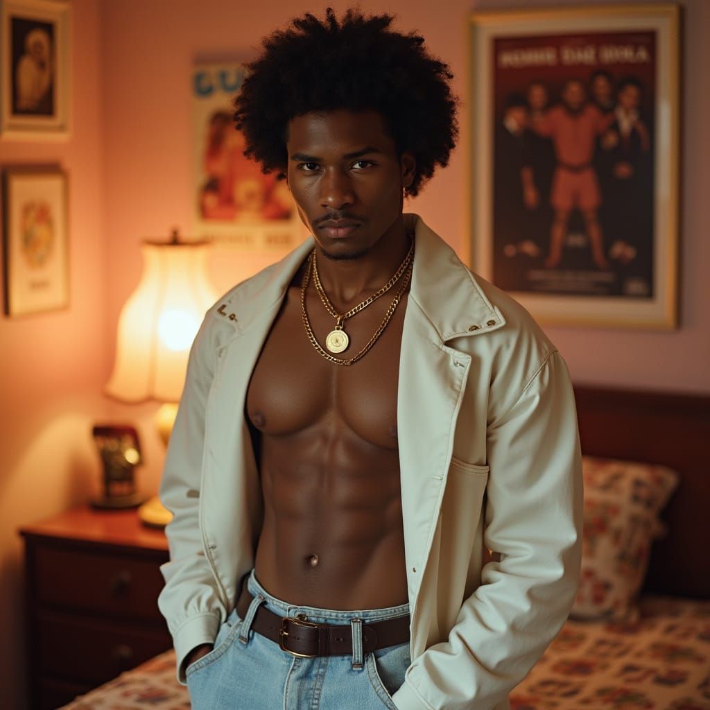 Muscular Man in 80s Bedroom, Photorealistic Style