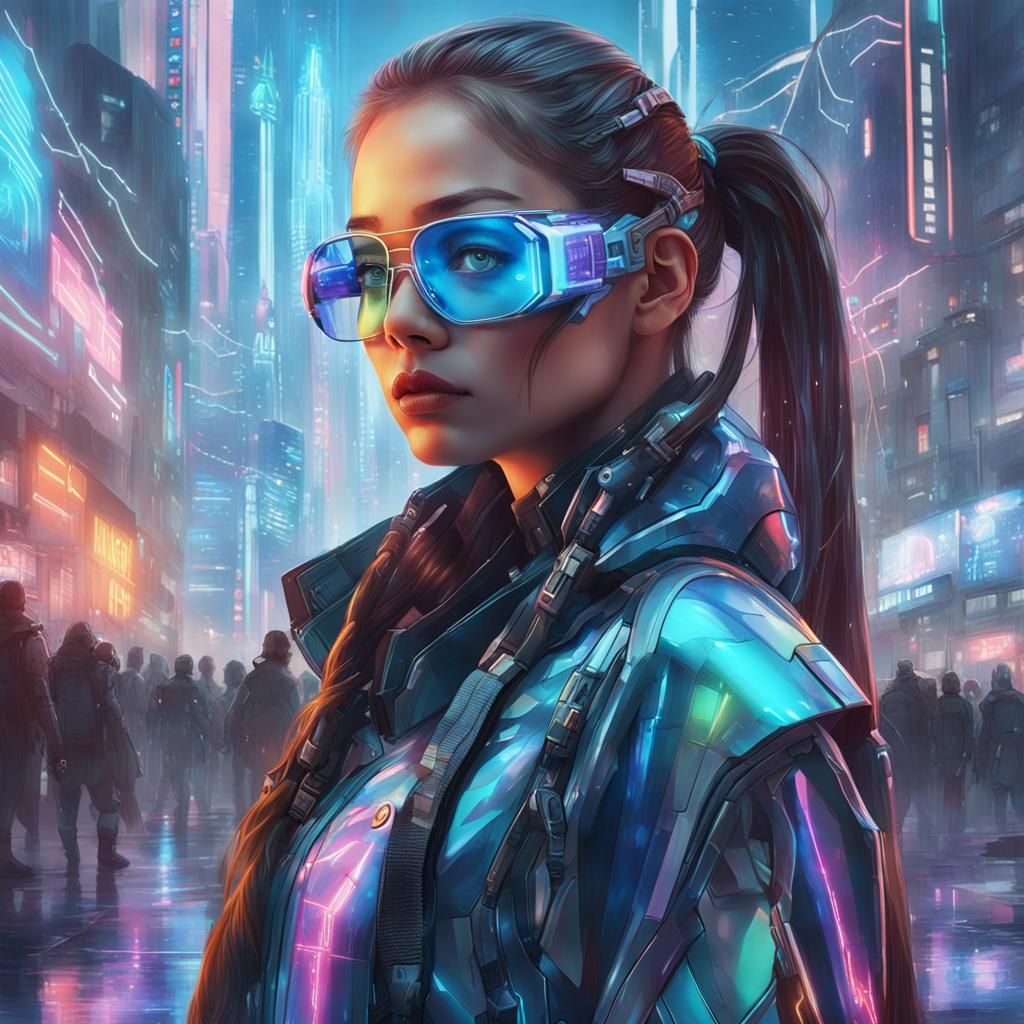 Cyberpunk Girl Portrait with Holographic Display