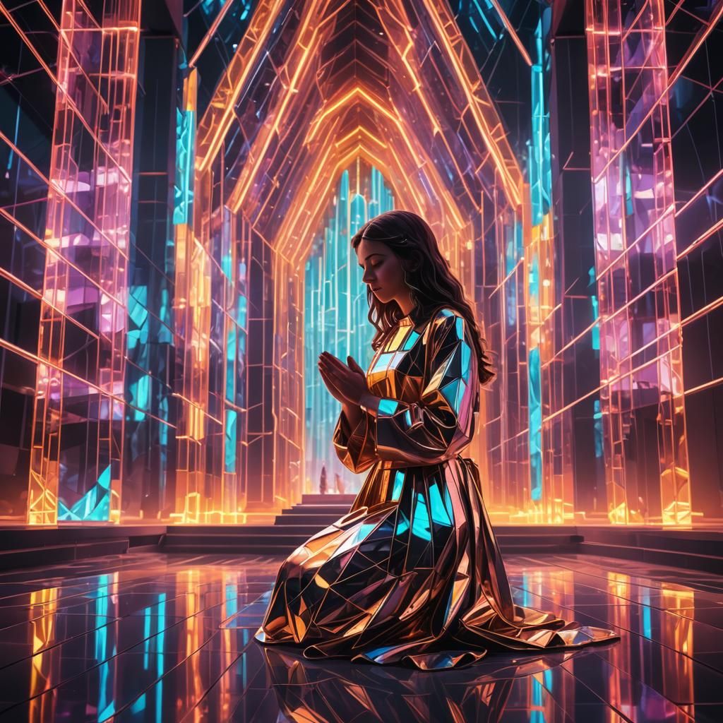 Woman Praying in Neon Futuristic Cathedral