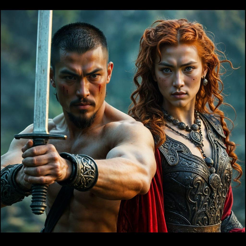 Asian Warrior Practicing Sword, Watched by Celtic Woman