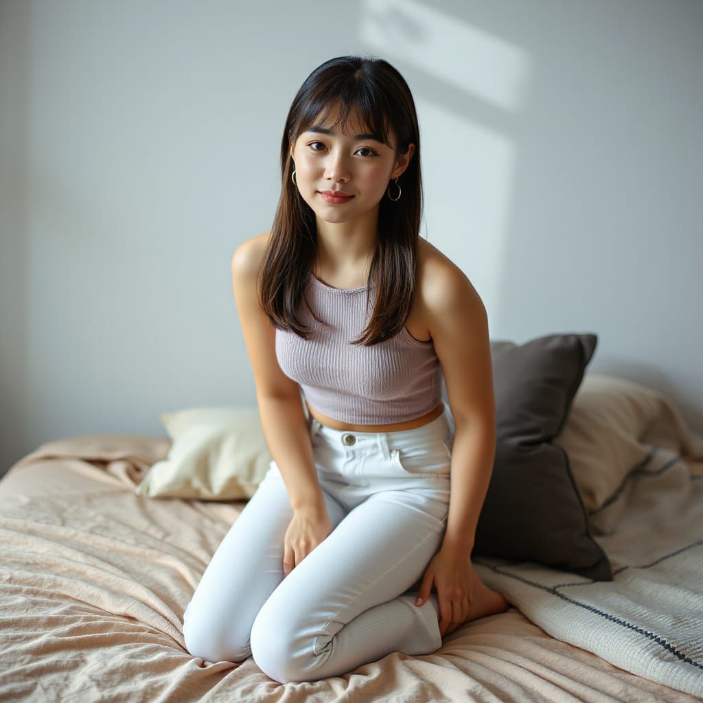 Hyper-Realistic Portrait of a Young Woman on a Bed