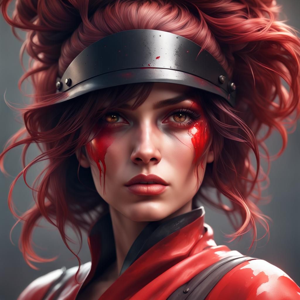 Red-Haired Woman Portrait with Black Makeup, Detailed Digita...