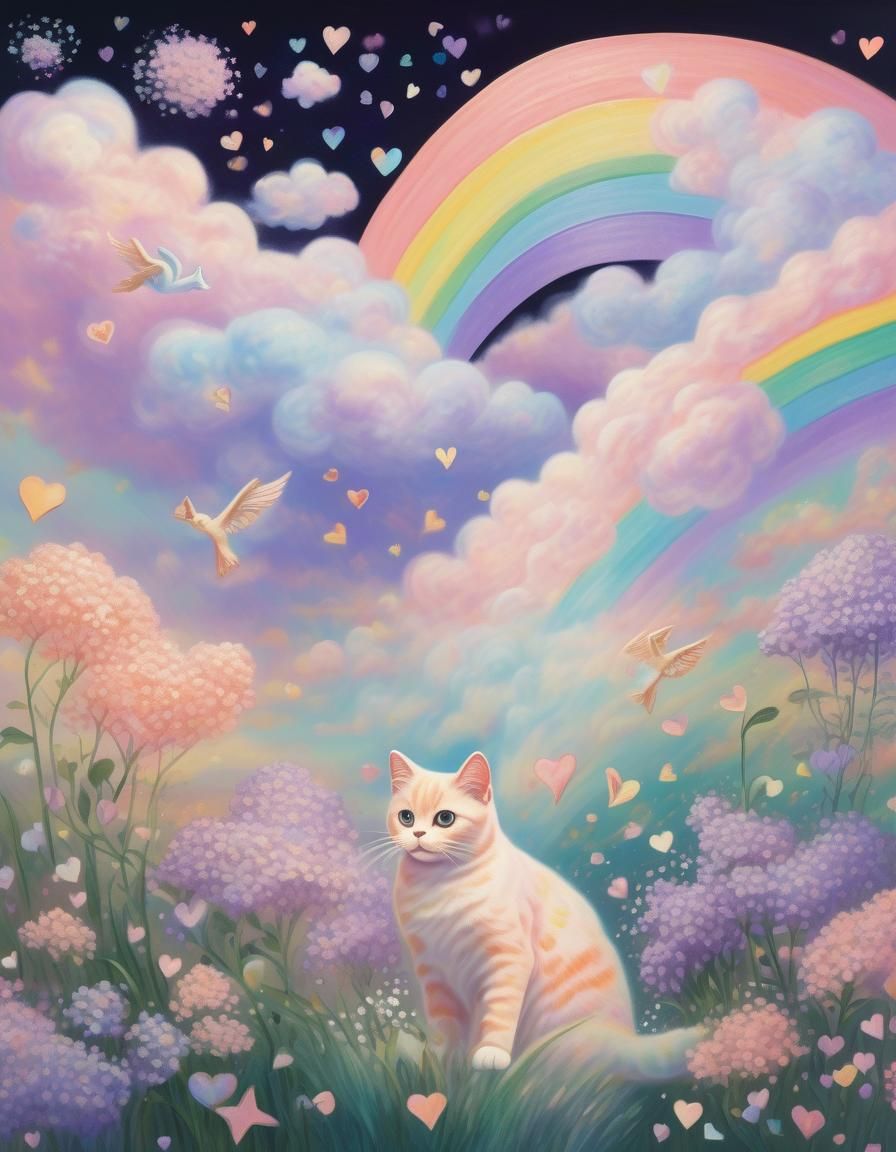 Cat Angels Fly in Pastel Rainbow Sky