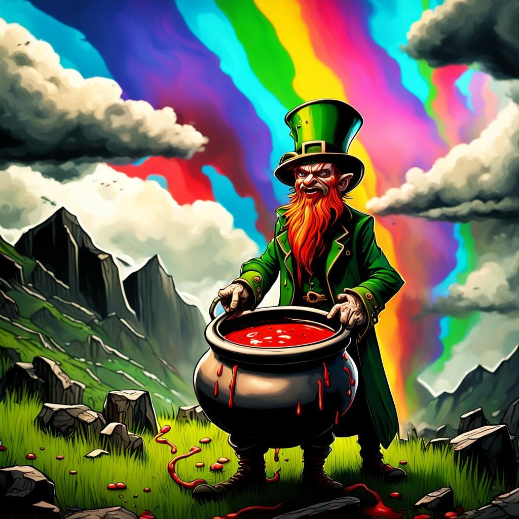 A scary evil leprechaun in the valleys with his pot of blood oozing over the side of the pot onto the ground, big black ...