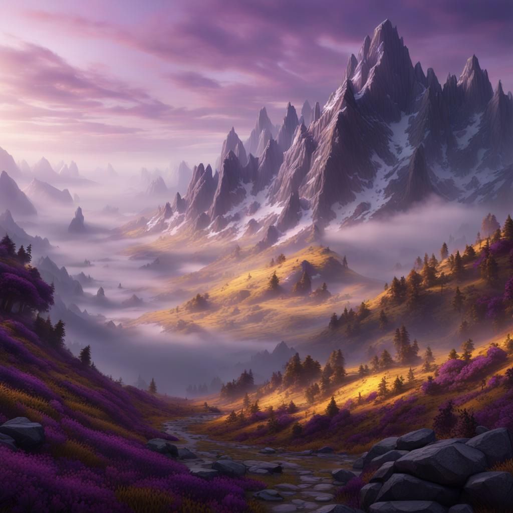 Misty Mountain Landscape in Dark Fantasy Style