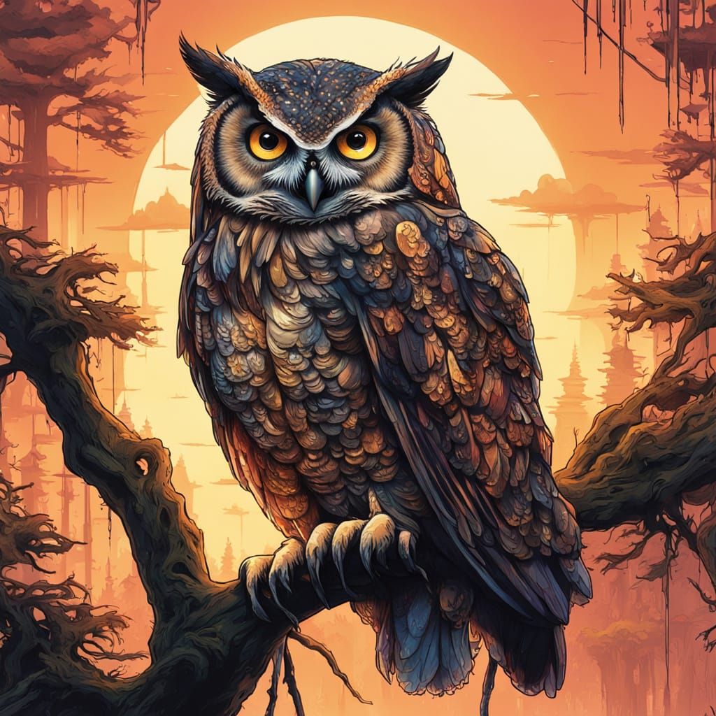 Majestic Owl in Bioluminescent Forest at Sunset