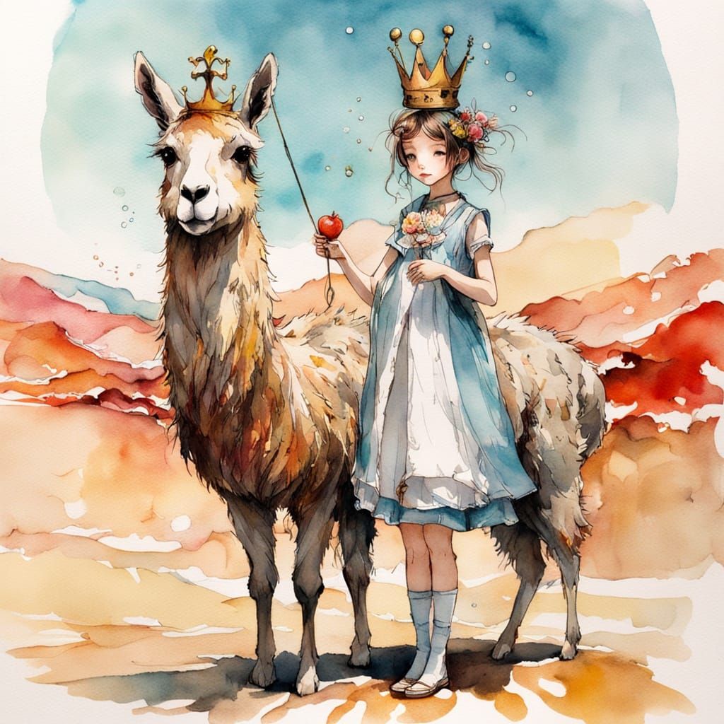 Surreal Queen and Llama in a Wonky Desert