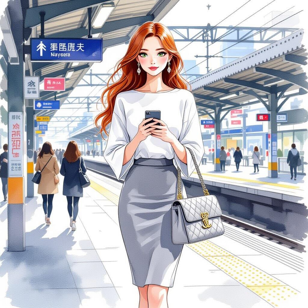 Japanese Woman at Shibuya Station in Watercolor Style