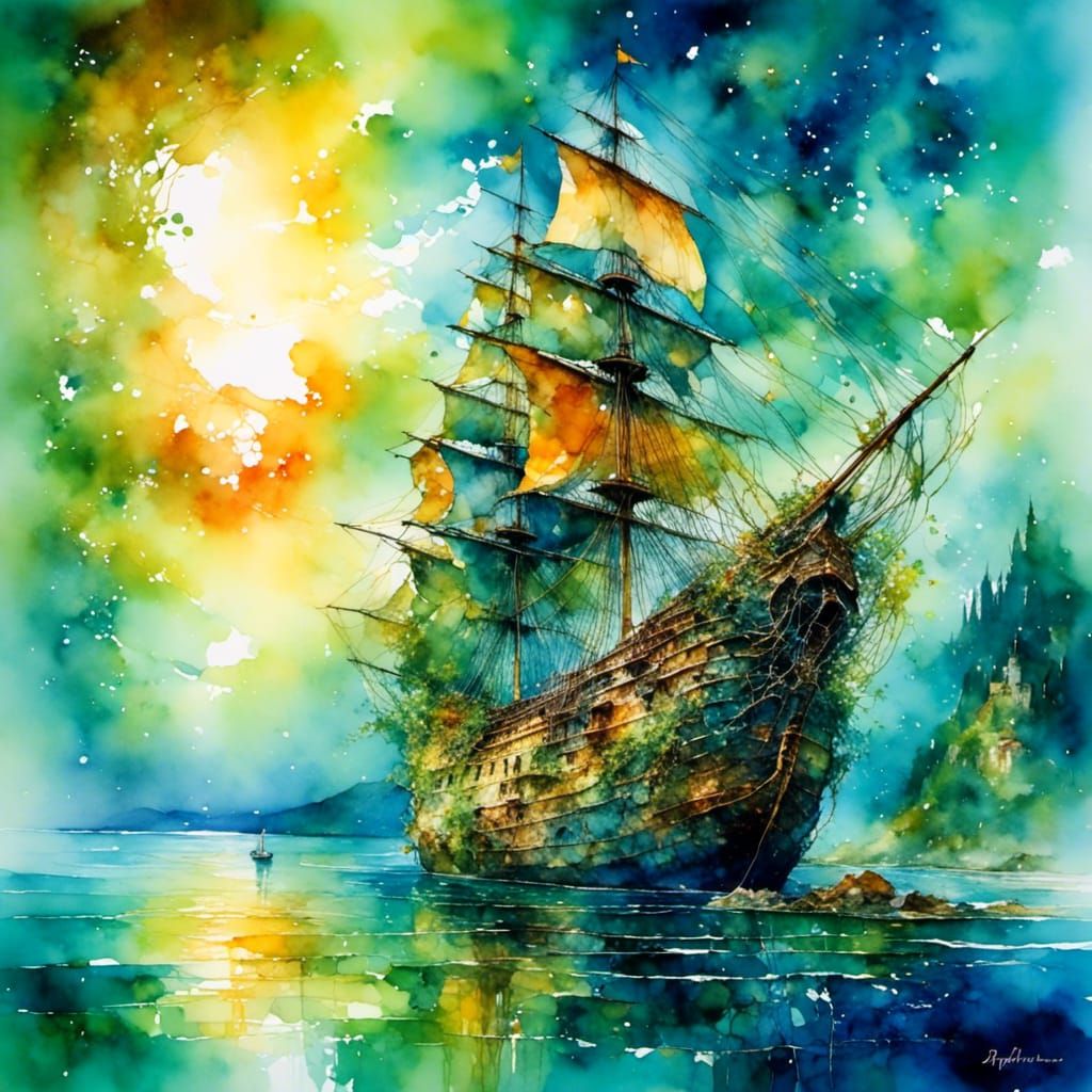 Galleon Sailing Past Ancient Ruins, Classical Landscape