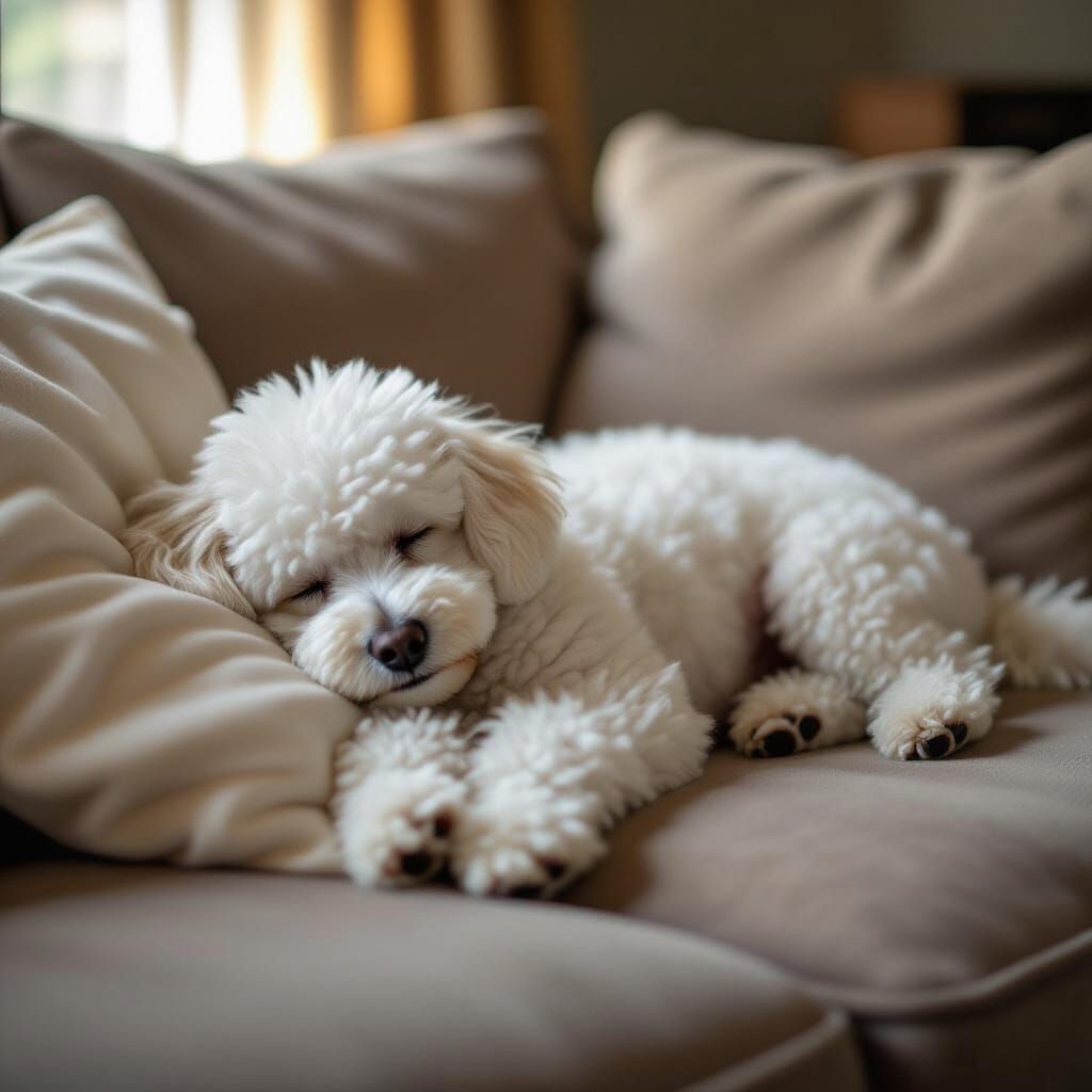 Miniature Poodle Sleeping: Cinematic Film Still