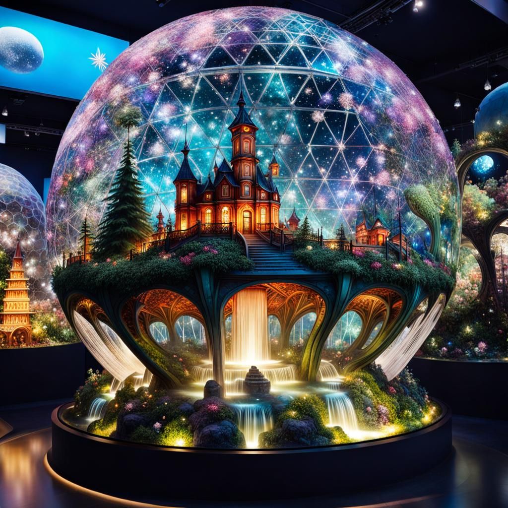 Geodesic Crystal Fountain with Faerie Villages