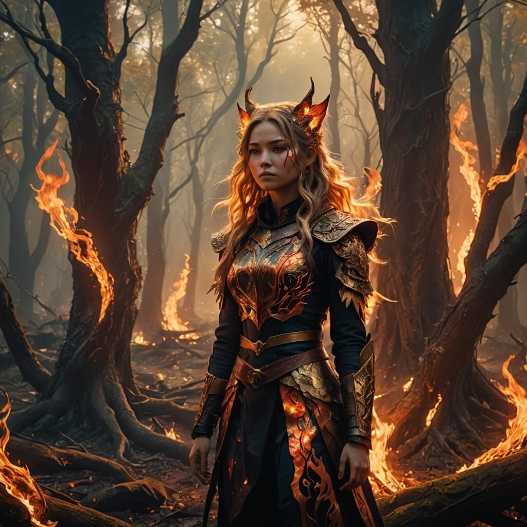 Mystical Neko Girl Ablaze in Fantasy Forest
