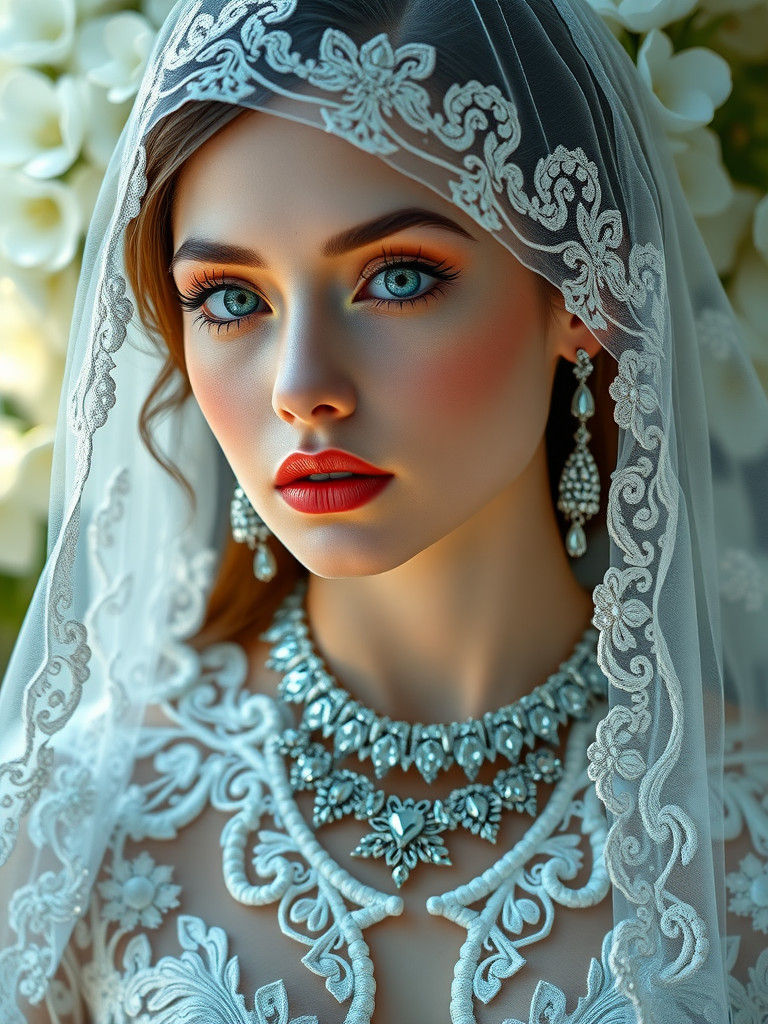 Woman in White Lace Dress with Diamonds