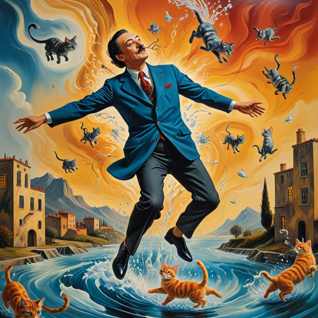 Surrealist Leaping Figure with Cats in Dreamlike Oil Paintin...