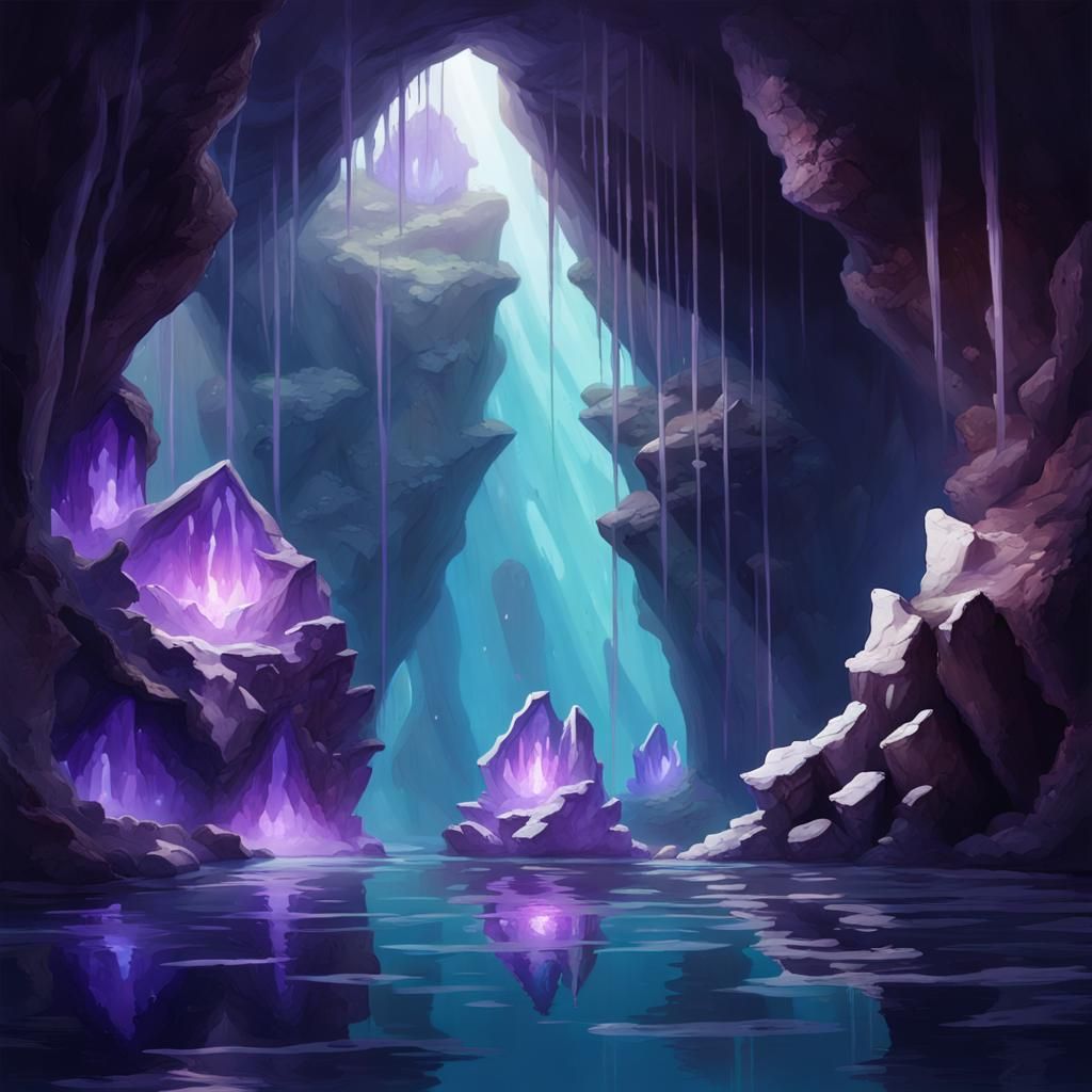 Glowing Amethyst Shards in Underwater Cavern