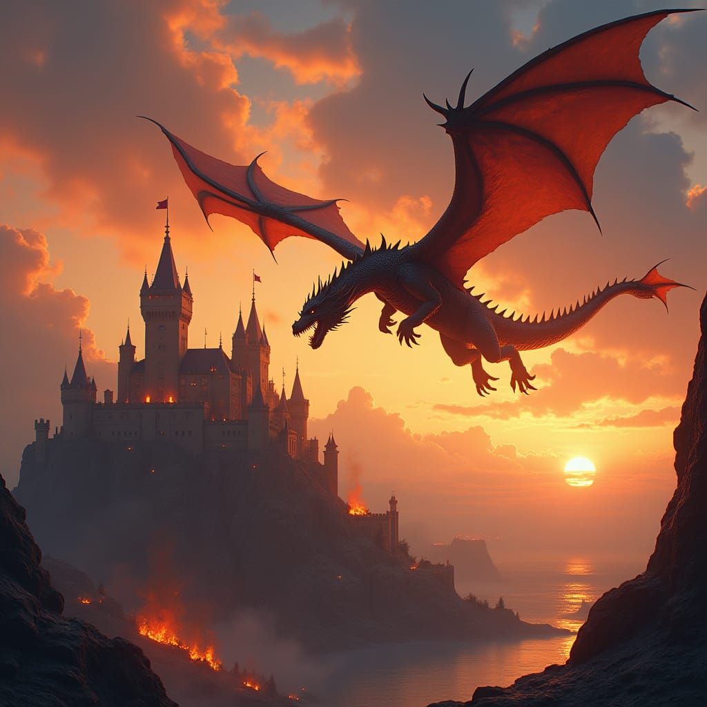 Dragon Soaring Over Burning Castle at Sunset