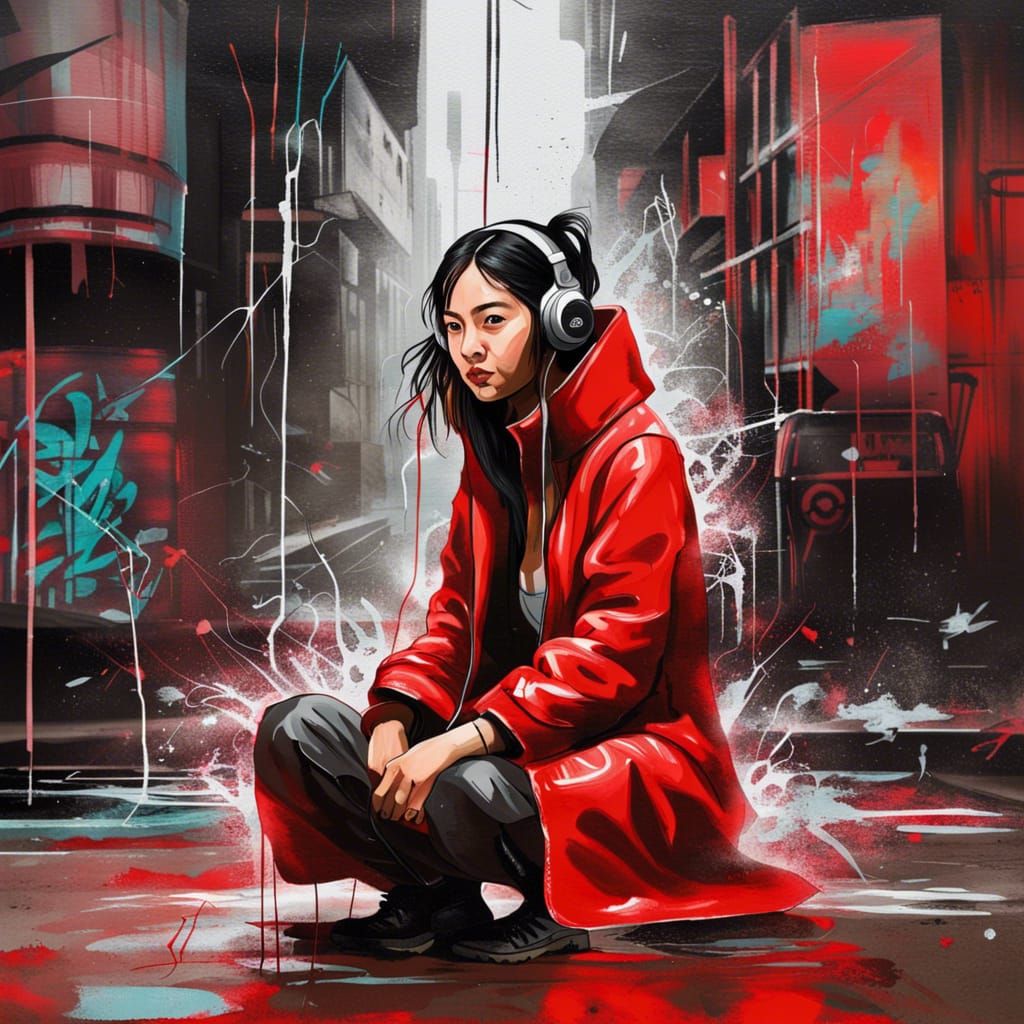 Cyberpunk Girl Squats in Futuristic City Street Art