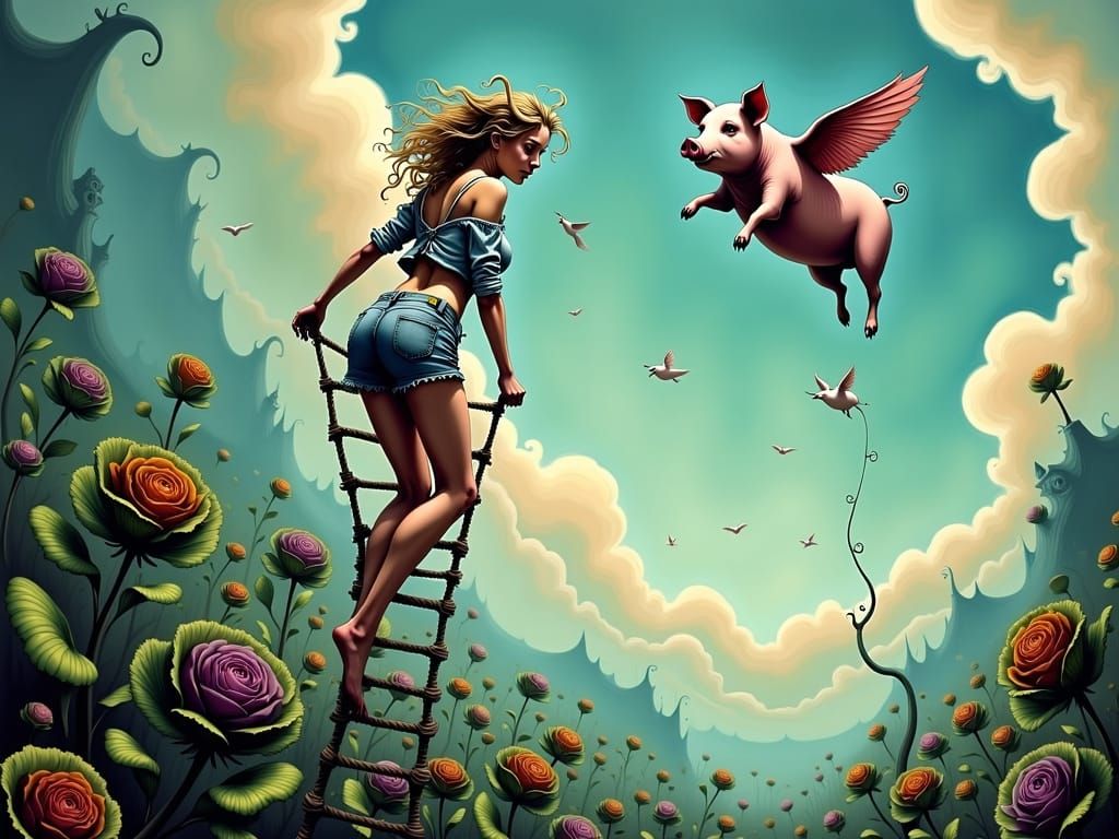 Surreal Whimsy Scene with Flying Pigs and Giant Cabbages