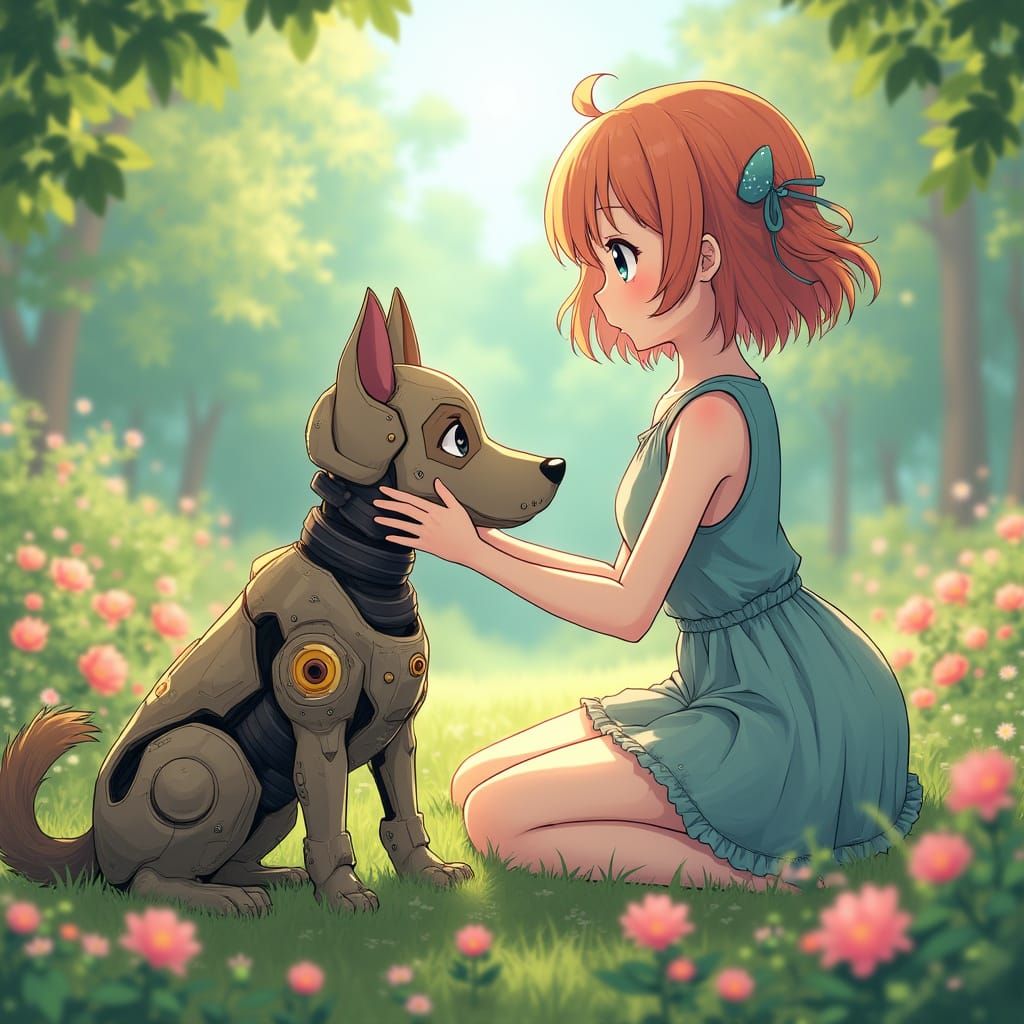 Anime Style of a girl in a garden with a Mecha dog, Bokeh flowers in background