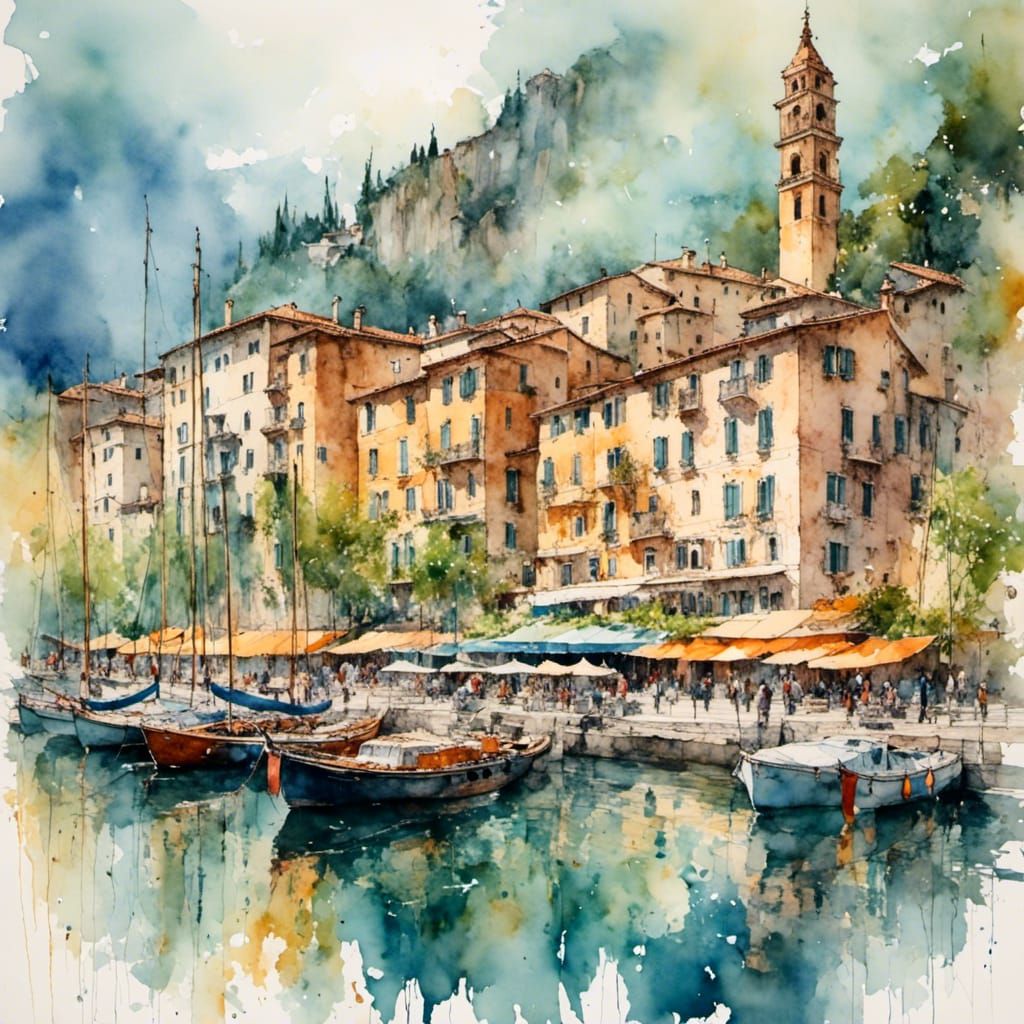 Impressionistic Watercolor of Riva del Garda Harbor