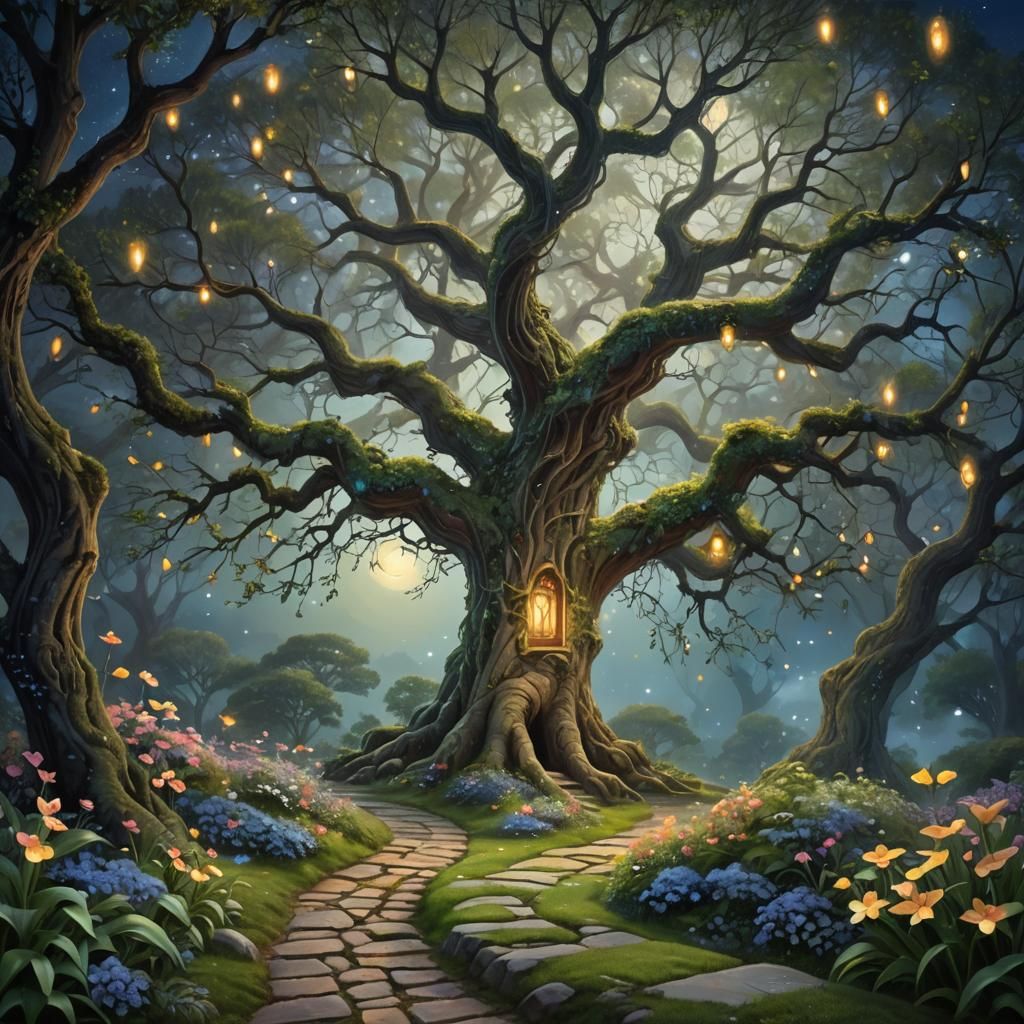 Enchanted Garden Under Moonlight: A Fantasy Illustration