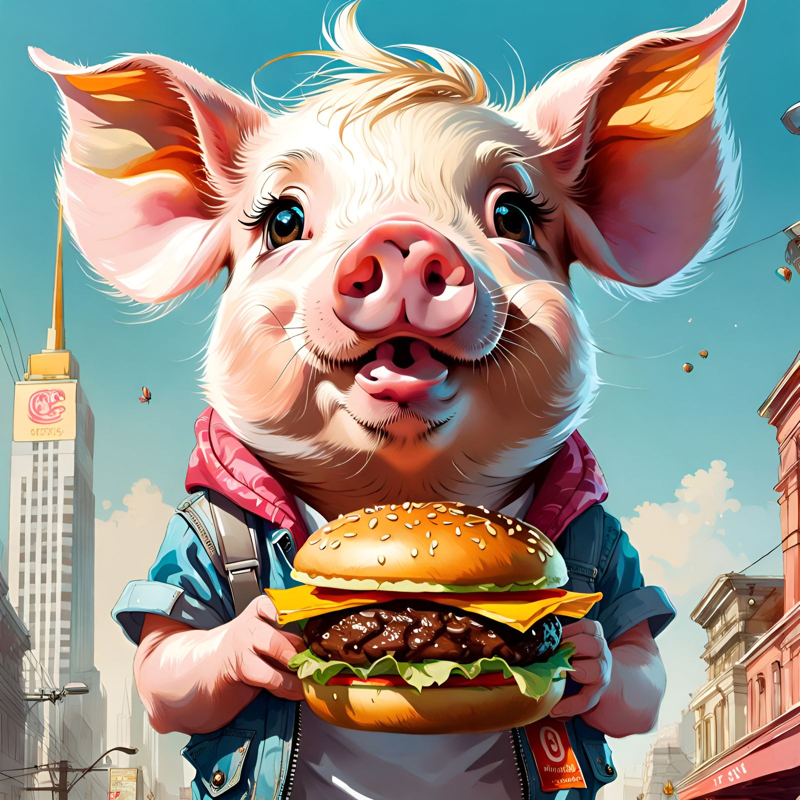 Adorable Big-Eyed Pig with Hamburger Portrait