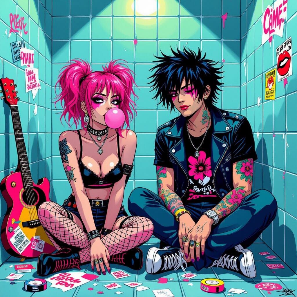 Rebellious Couple in Neon Bathroom: Pop-Punk Art