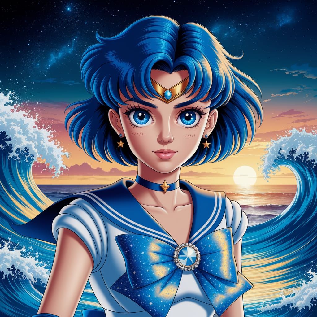 Sailor Mercury: Heroic Stance by Crashing Waves
