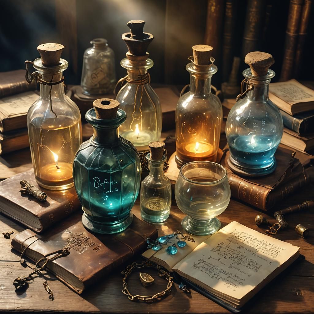 Mystical Potion Bottles Still Life in Art Nouveau Style