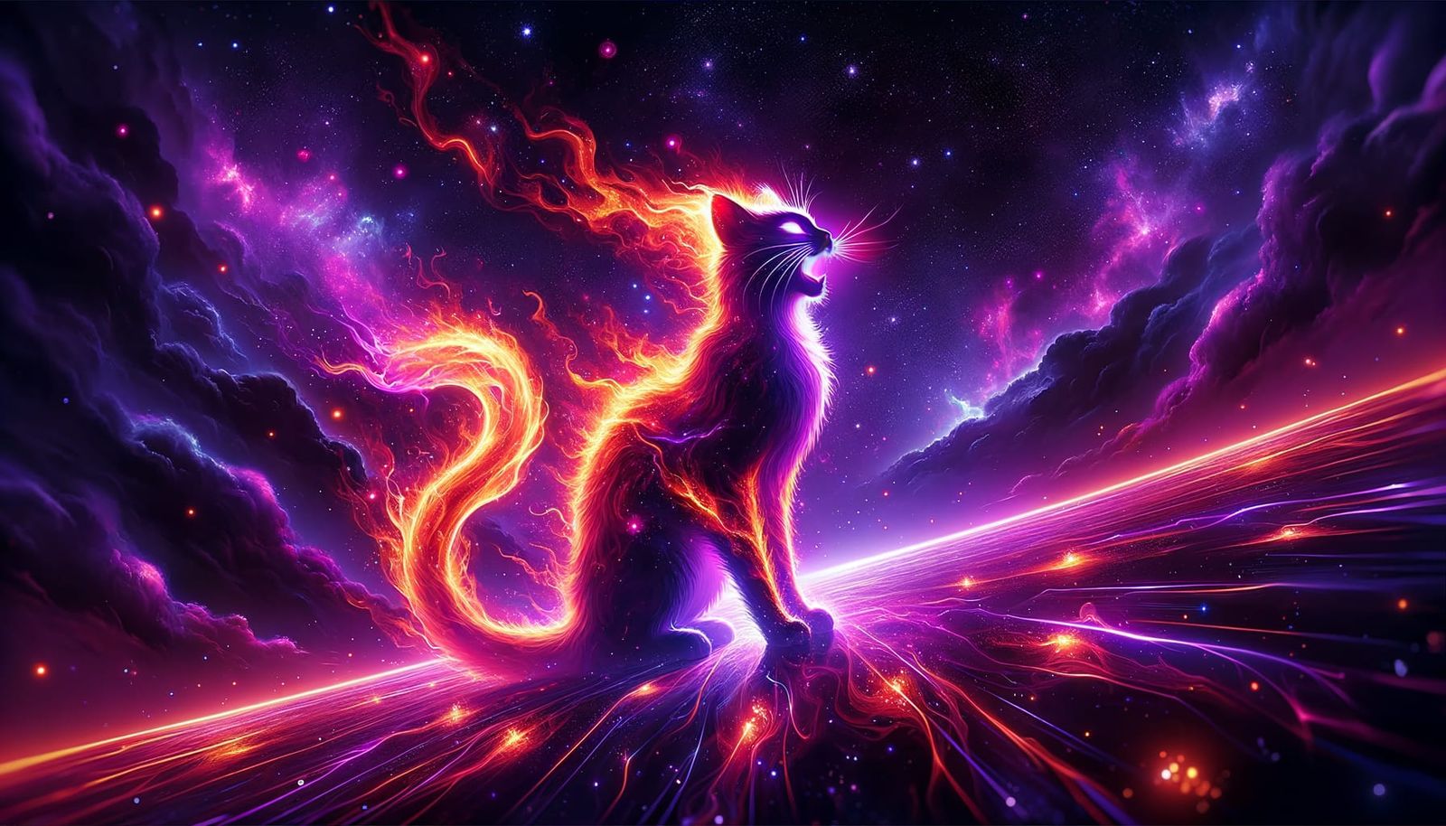 Fiery Cat's Cosmic Voyage with Neon Aura
