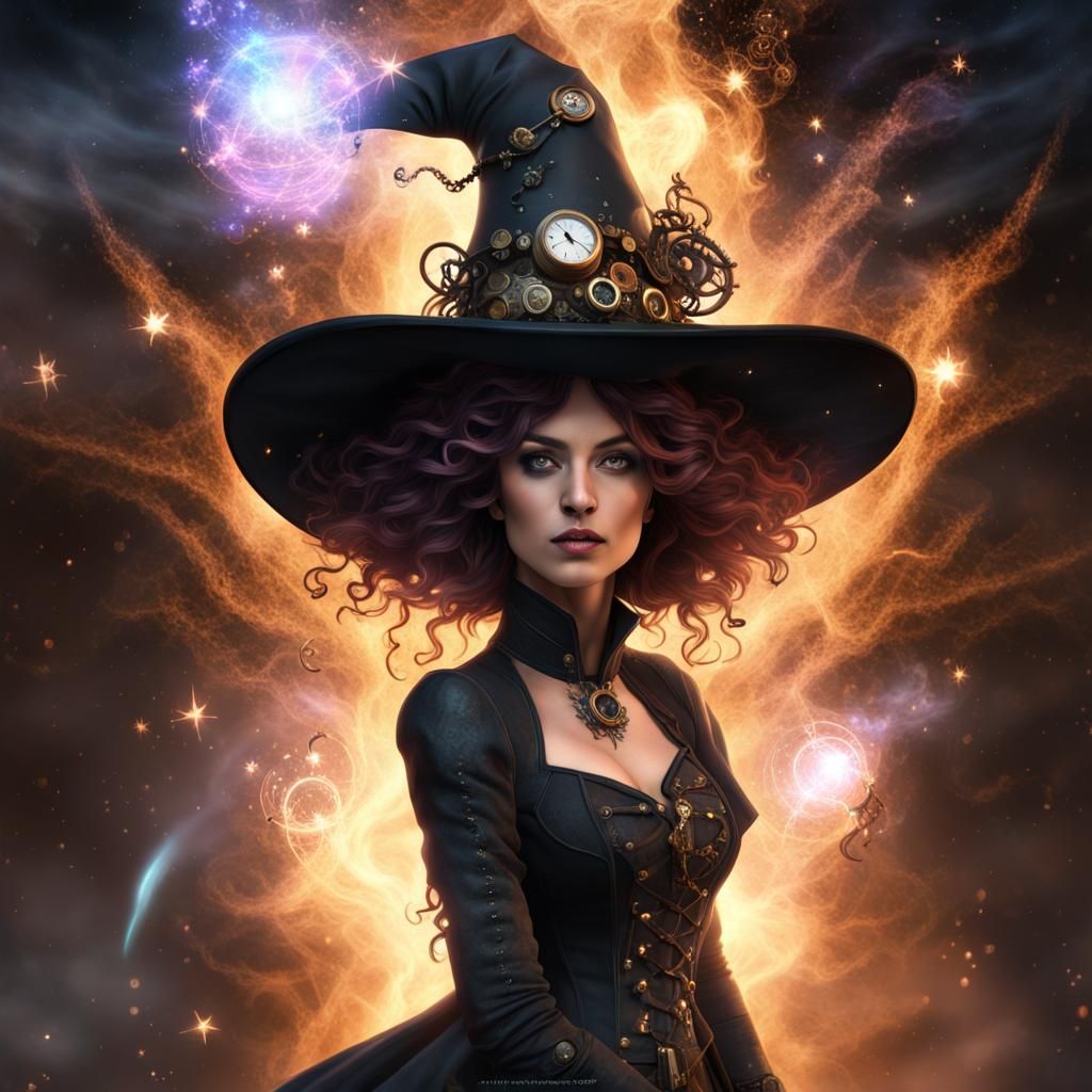 Steampunk Witch Portrait with Exploding Star Background