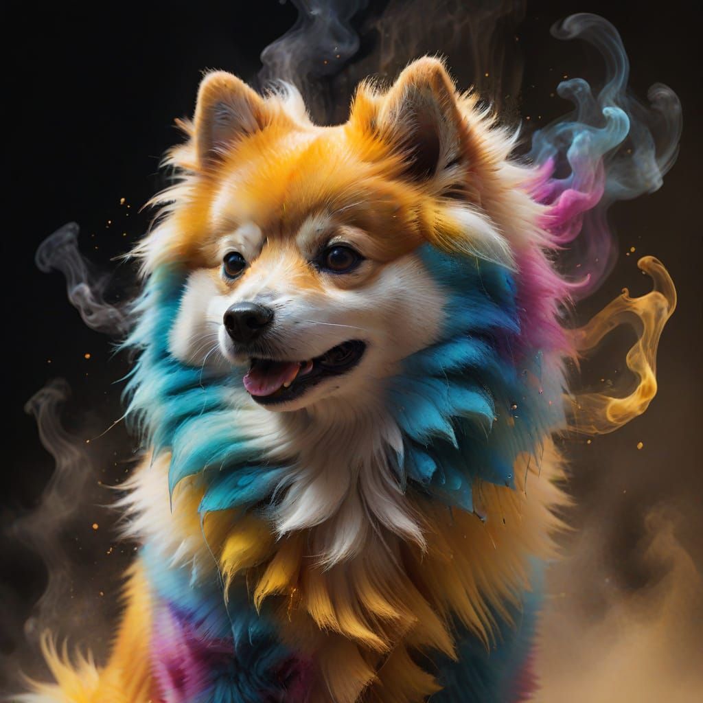 Colorful Smoky Paint Japanese Spitz Dog