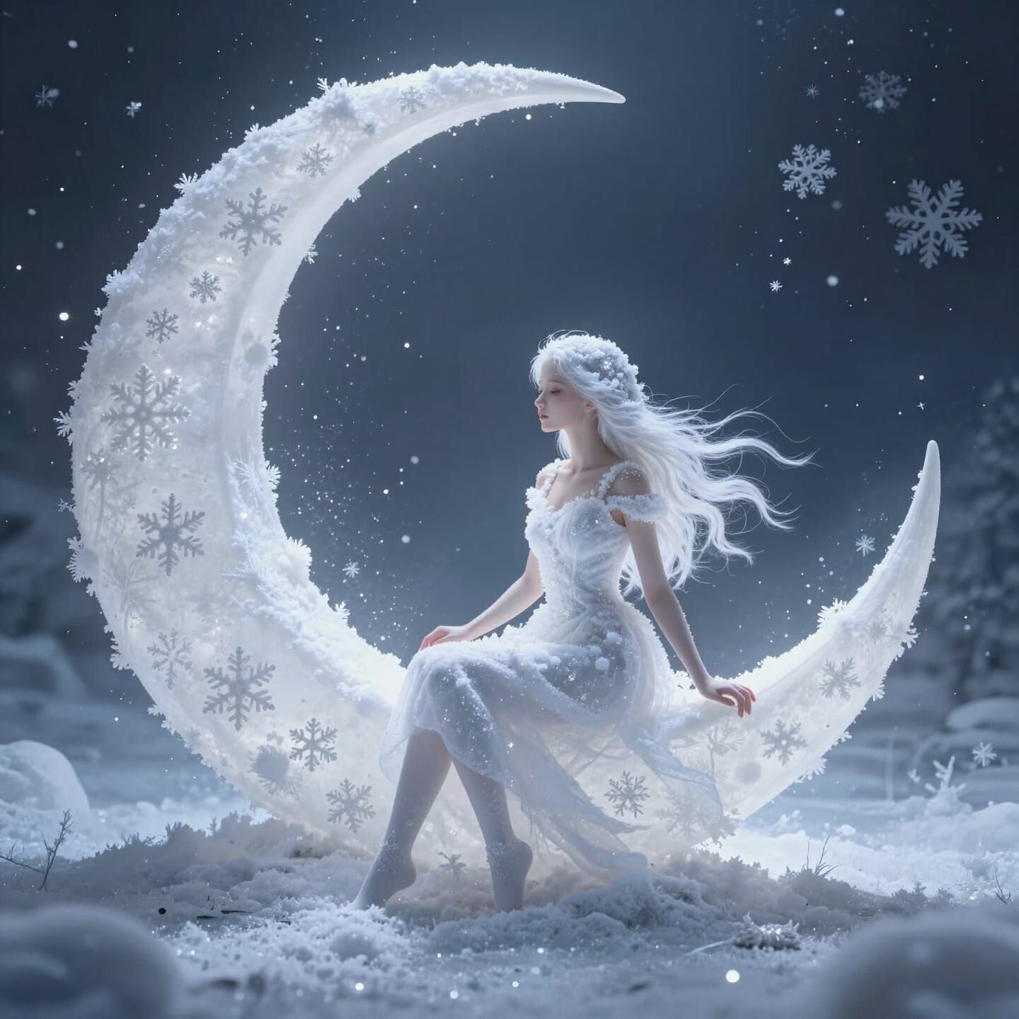 Snowflake Girl Serene on Moon in Ethereal Winter Glow