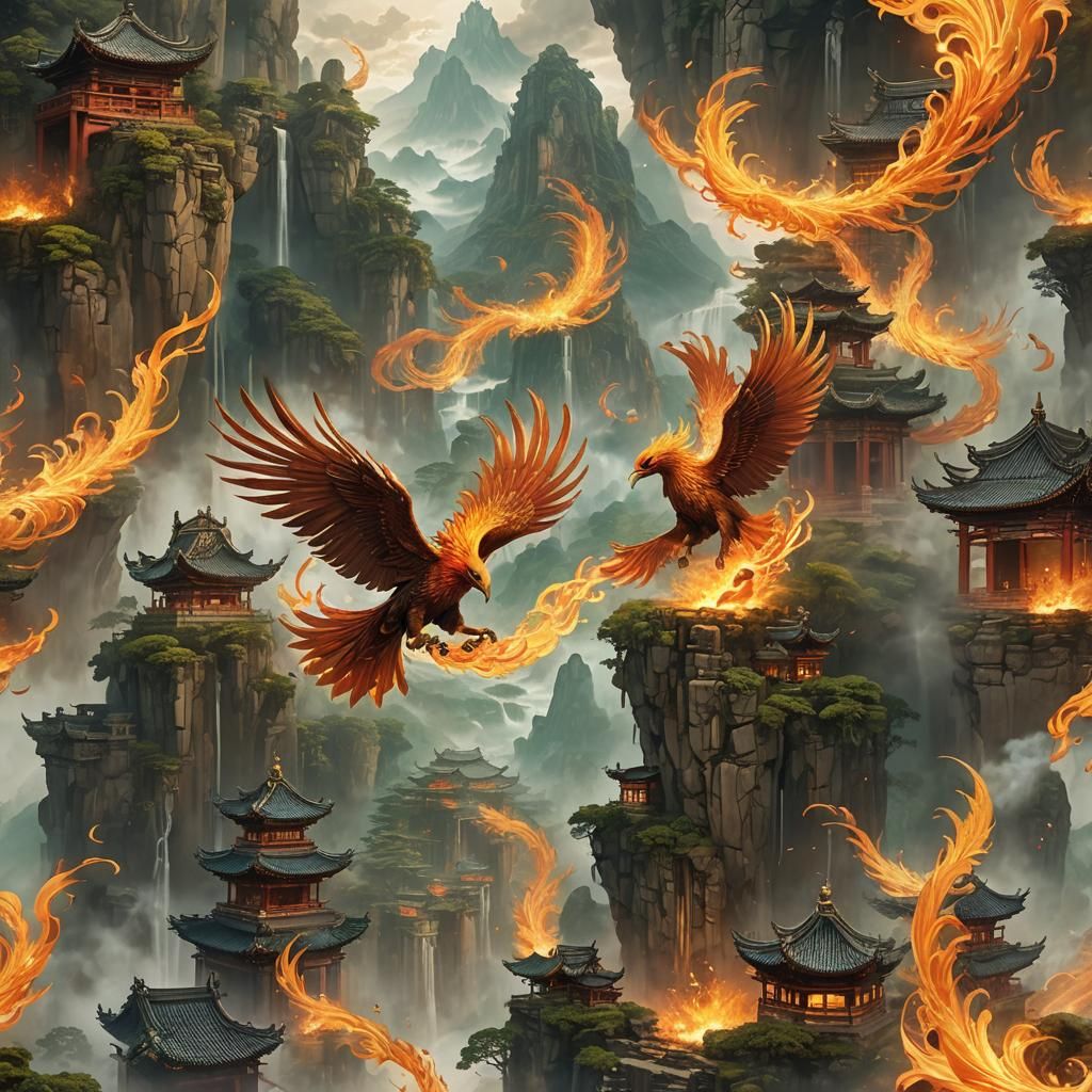 Fiery Phoenix Soaring Through Mountainous Fantasy Landscape