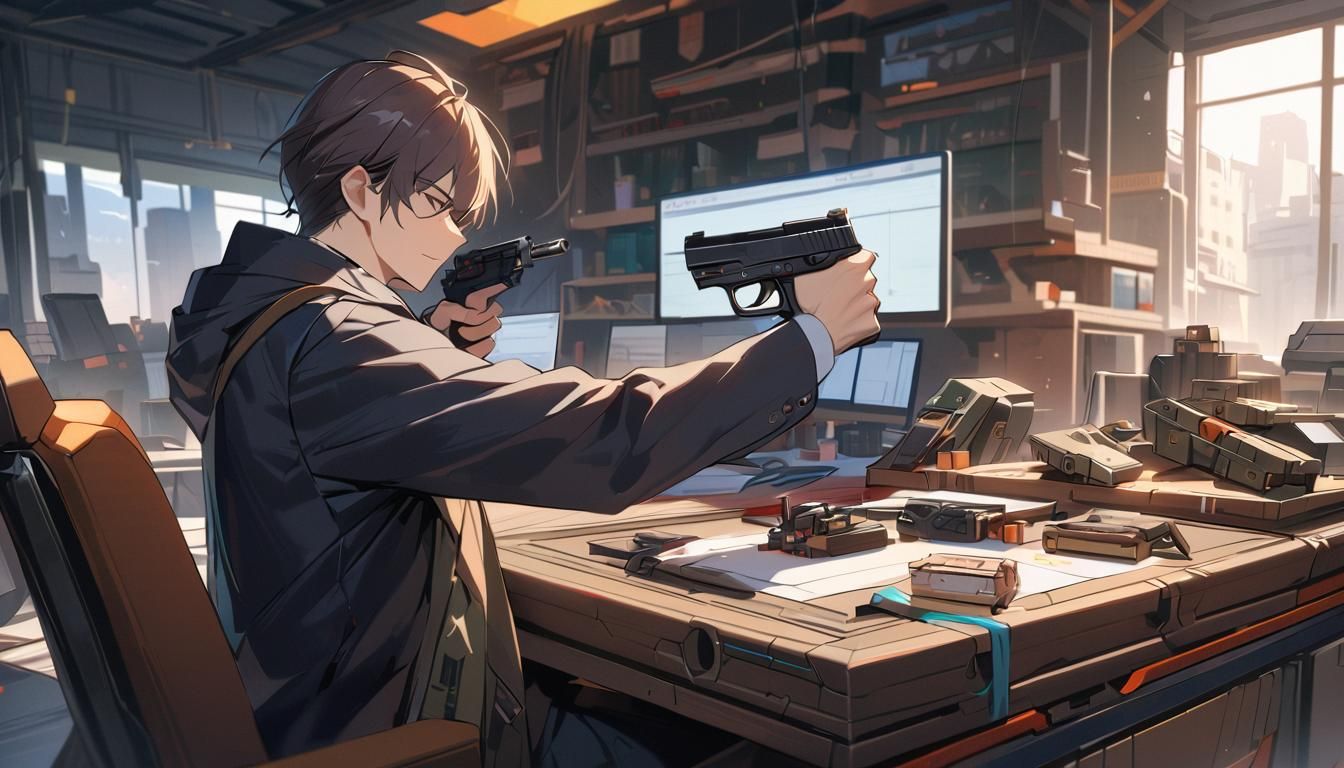 Gun Designer with Futuristic Pistol in Studio