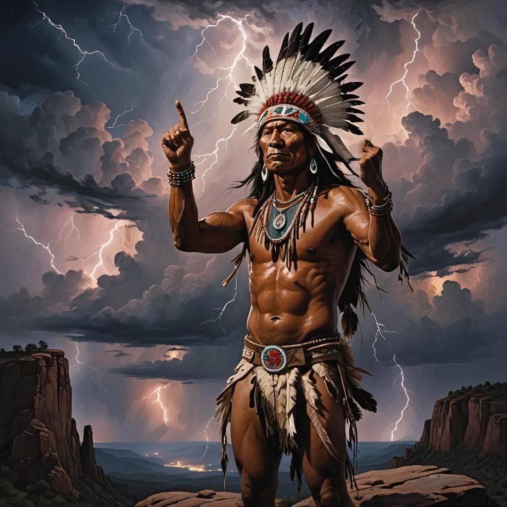 Native American Man on Butte at Night