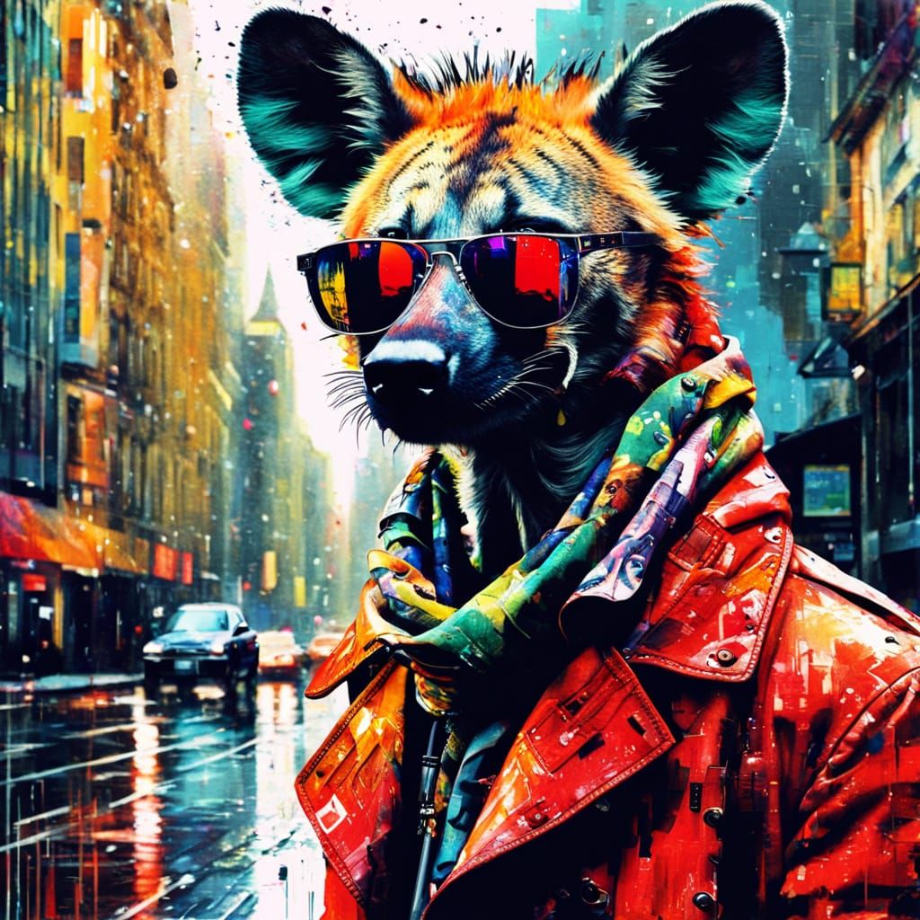 Glamorous Punk Rock Hyena Under Digital Rain