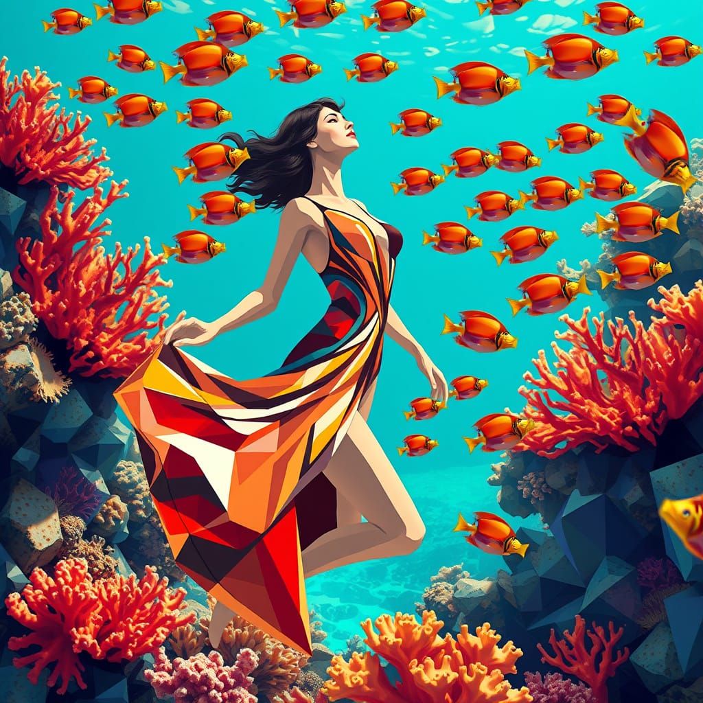 Dazzling Art Deco Mermaid Amidst Vibrant Cubist Coral
