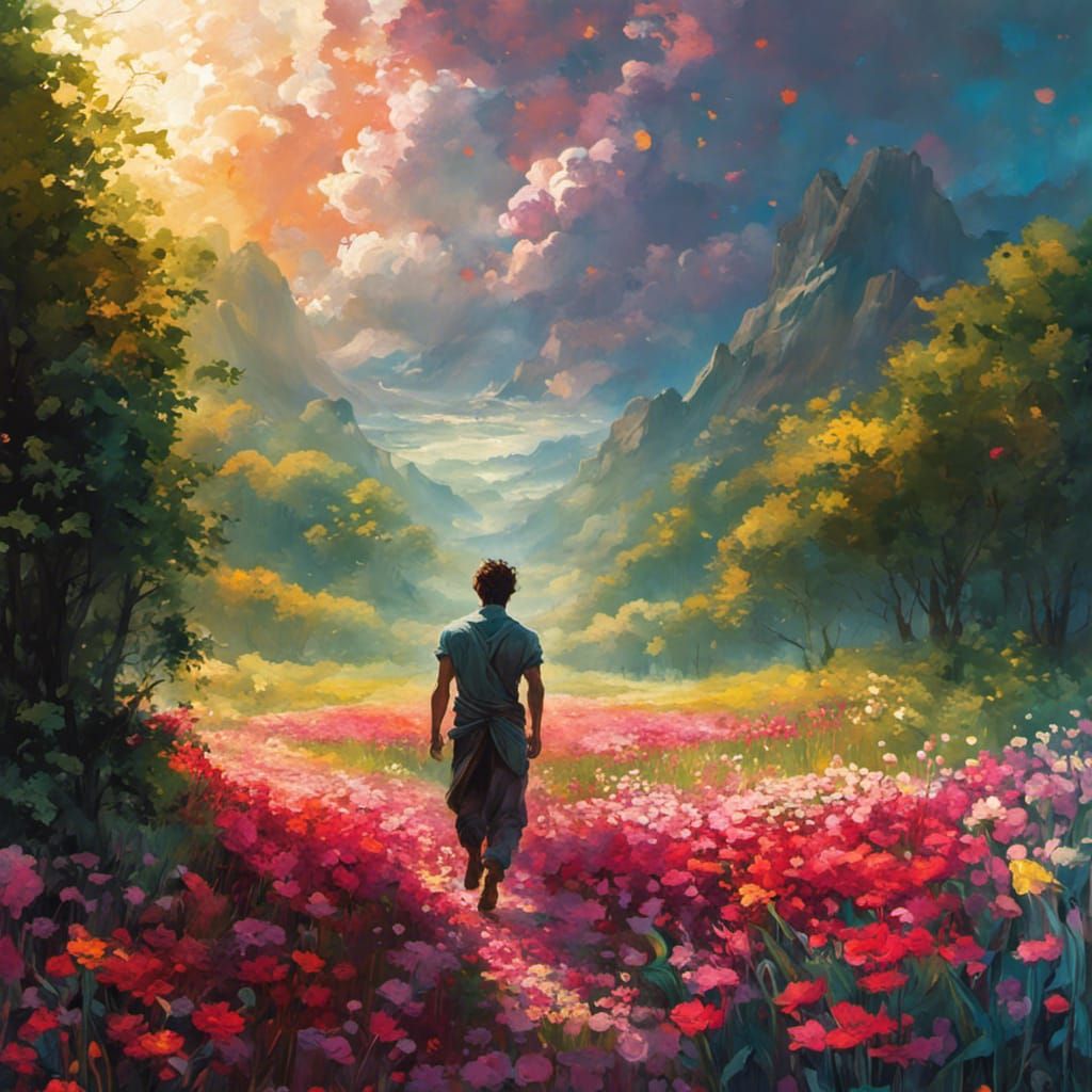 Shirtless Man in Floral Field, Art Nouveau Style