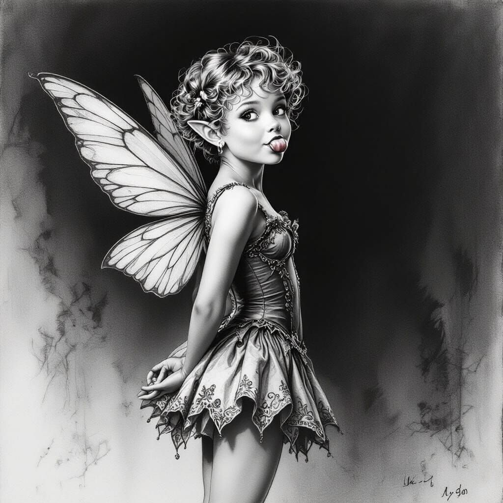 Young Fairy in Grayscale Charcoal Sketch Style