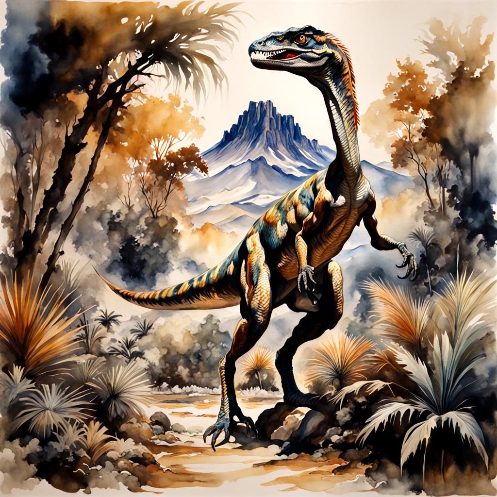 Raptor in Prehistoric Landscape as Meticulous Ink and Wash M...