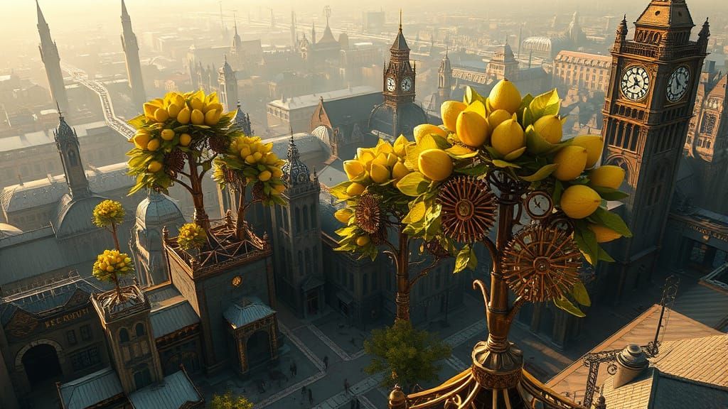 Steampunk Metropolis with Gear-Shaped Lemon Trees in Miyazak...